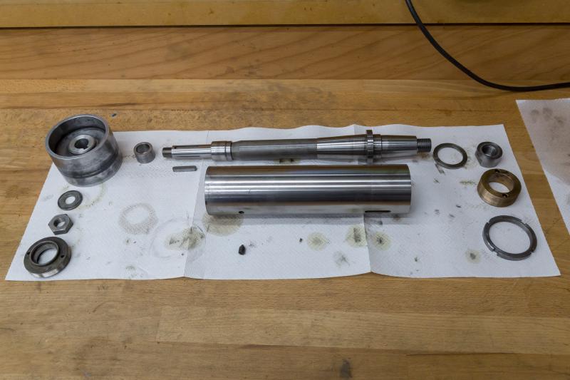 Spindle components laid out on the bench